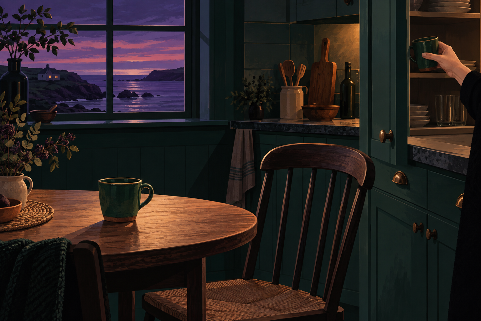 A woman puts one of two cups back in a cupboard beside an empty chair in a coastal kitchen.