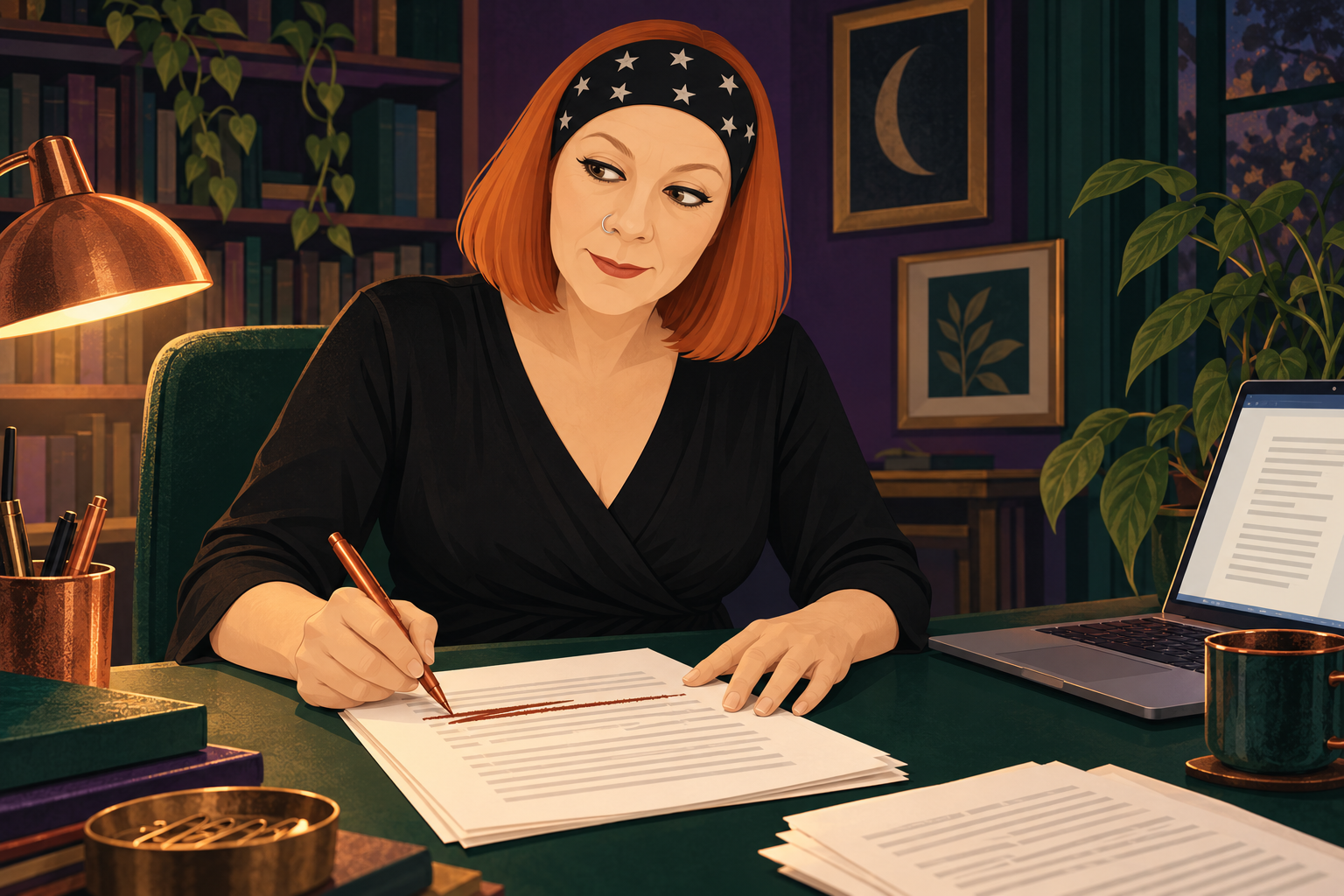 Joanna Winter crosses out a line on a printed manuscript beside her laptop.