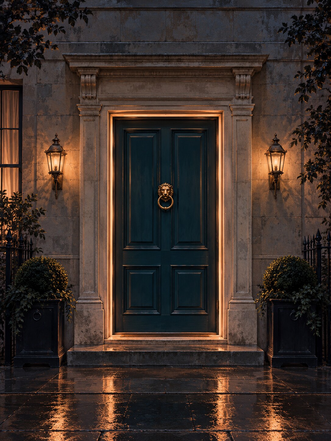 The complete petrol-blue front door of the Monster Matchmaker agency